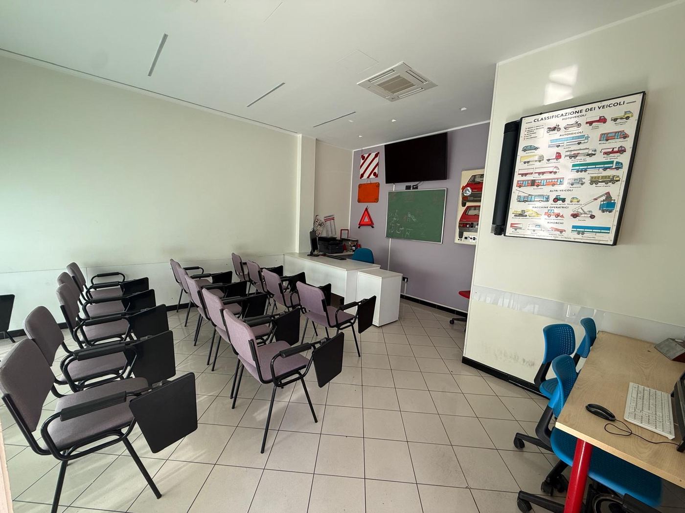 L'aula di teoria con lavagna, schermo e cartelloni